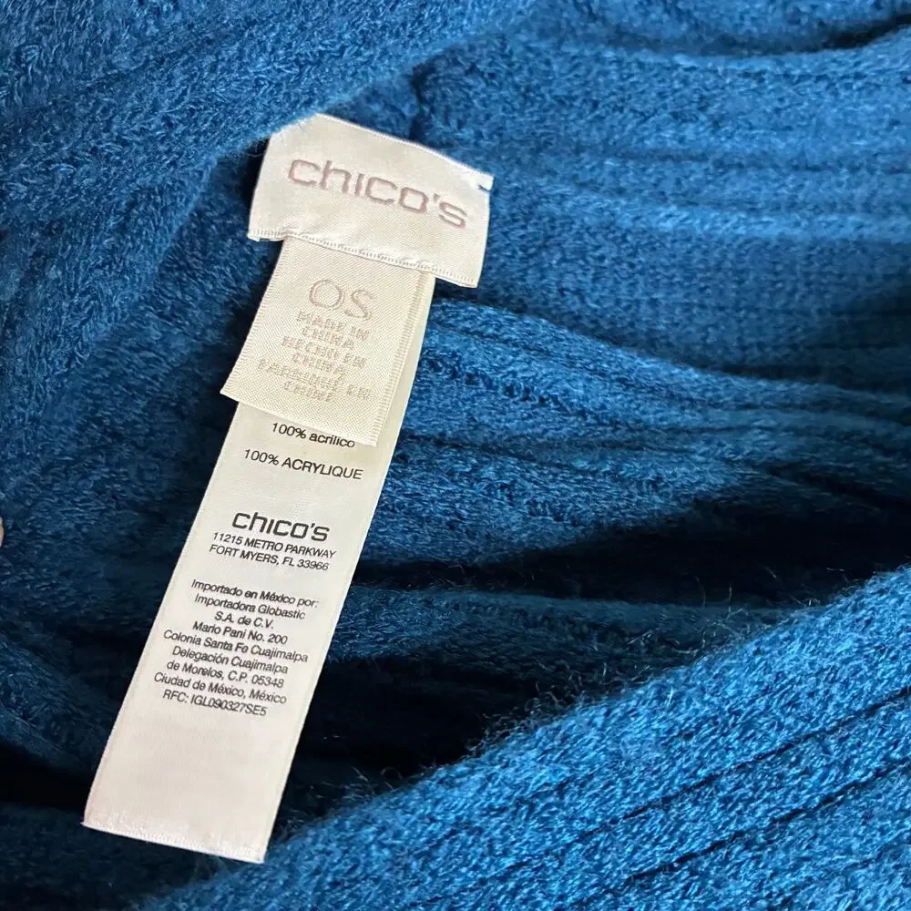 Chico's Teal Blue Cowl Neck Poncho Sweater 100% Acrylic ONE SIZE